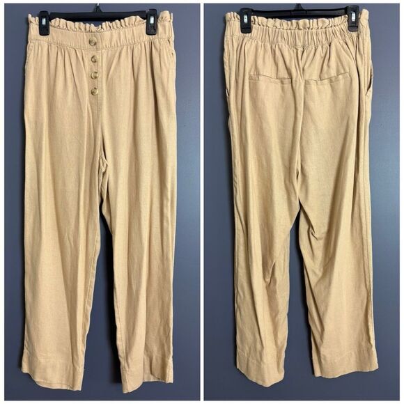 LOFT Beige Linen Blend High Rise Elastic Waist Straight Leg Pants Size Medium - Picture 1 of 11